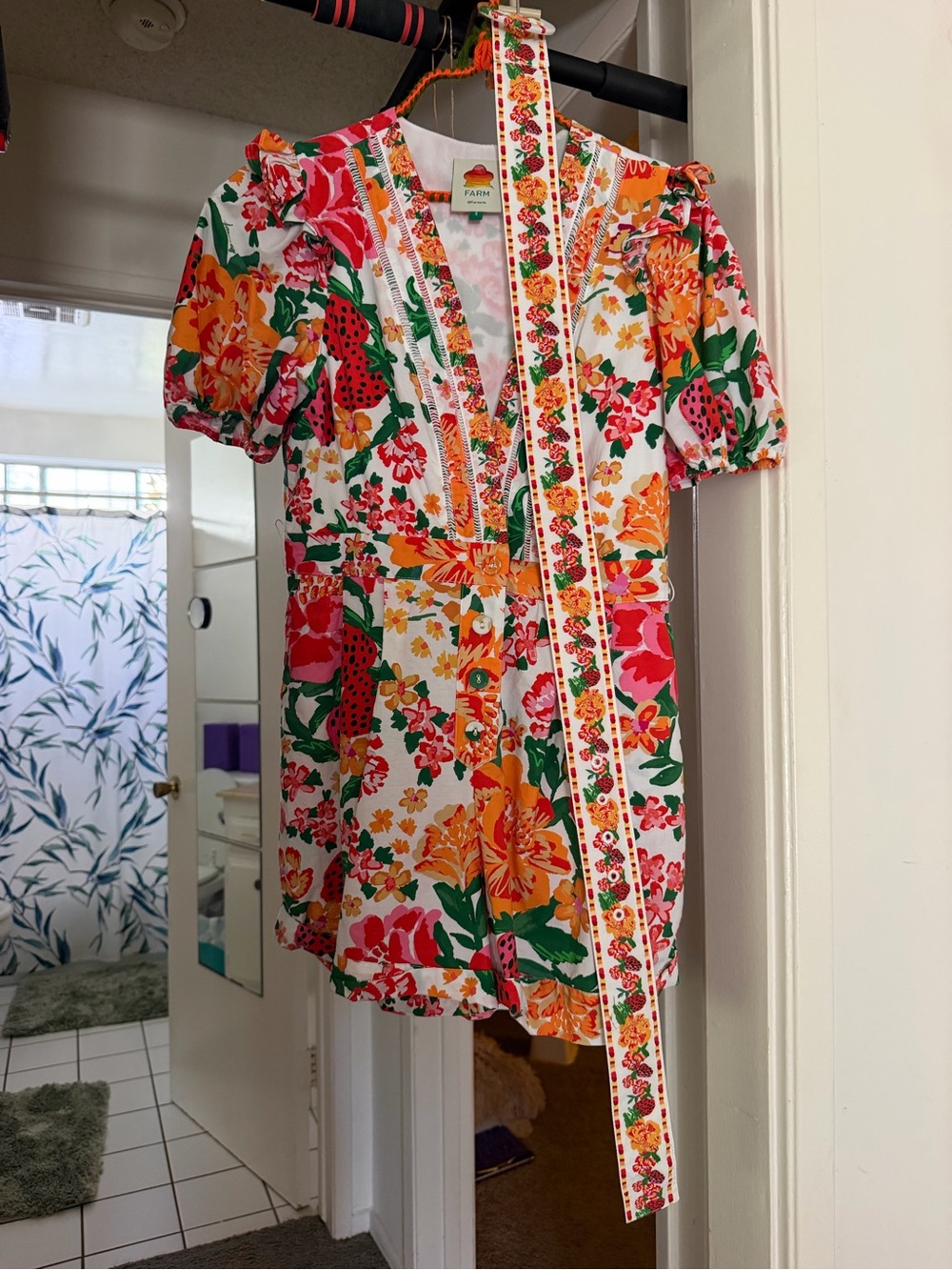 FARM Rio Floral V‑Neck Puff Sleeve Romper in White, Orange, Pink & Green